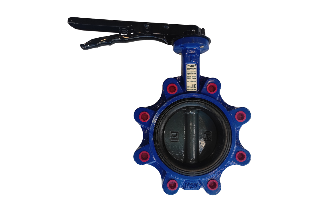 Ридан 082X4724R — Затвор дисковый с резьбовыми проушинами ЗДМ 15.16.100 PN16, DN100, с рукояткой, корпус GGG40, диск нержавеющая сталь RAL5002