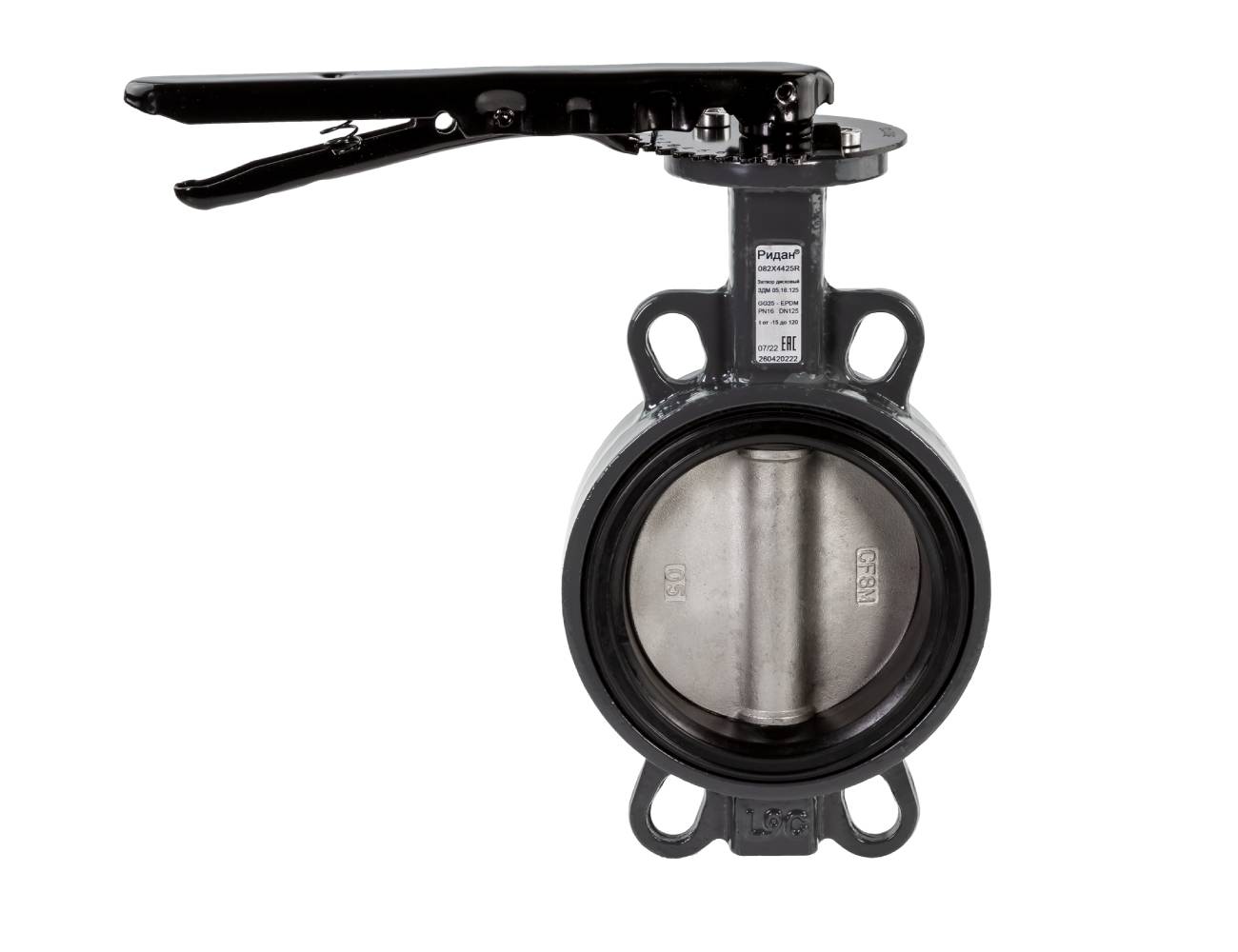 Ридан 082X4922R — Затвор дисковый с центрирующими проушинами ЗДМ PN25 DN65 корпус чугун GGG40; диск нержавеющая сталь 316; уплотнение EPDM; рукоятка