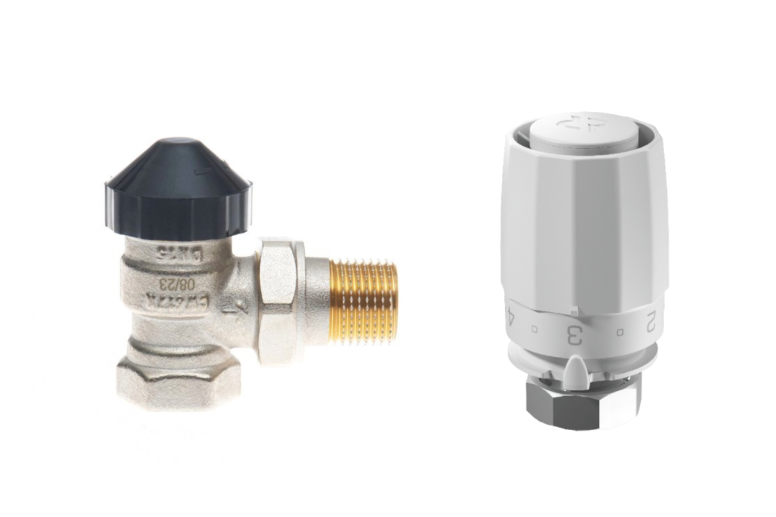 Комплект для двухтрубной системы отопления для радиаторов или конвекторов отопления с боковым подключением: клапан терморегулирующий 013G7015R (Ду20, угловой) + термостатический элемент 003G8001R (присоединение М30х1,5)